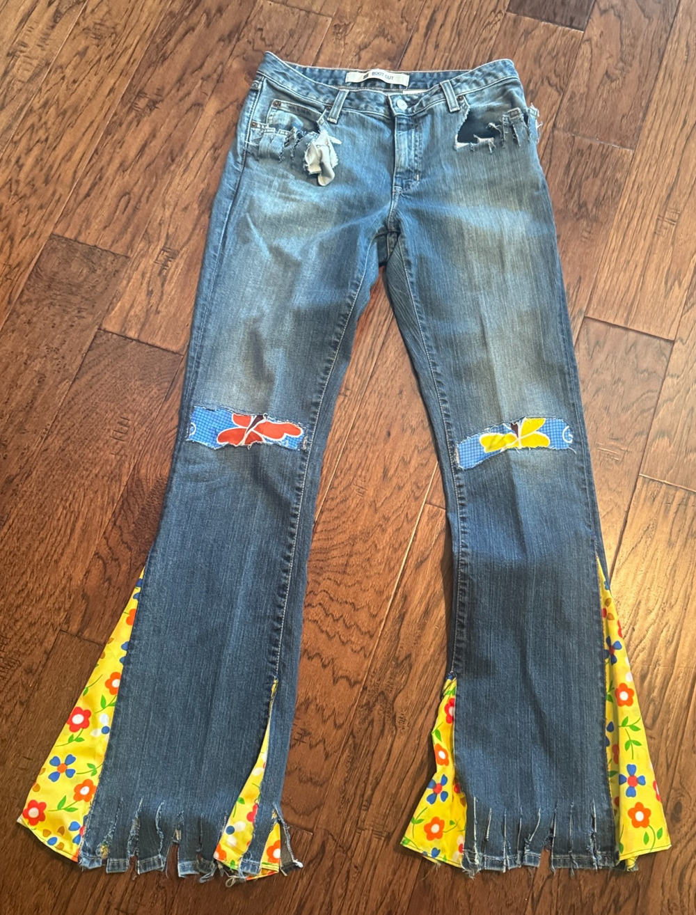 VTG Y2K Gap Jeans Womens 6L DIY Upcycled Bell bottoms hippie butterflies patches